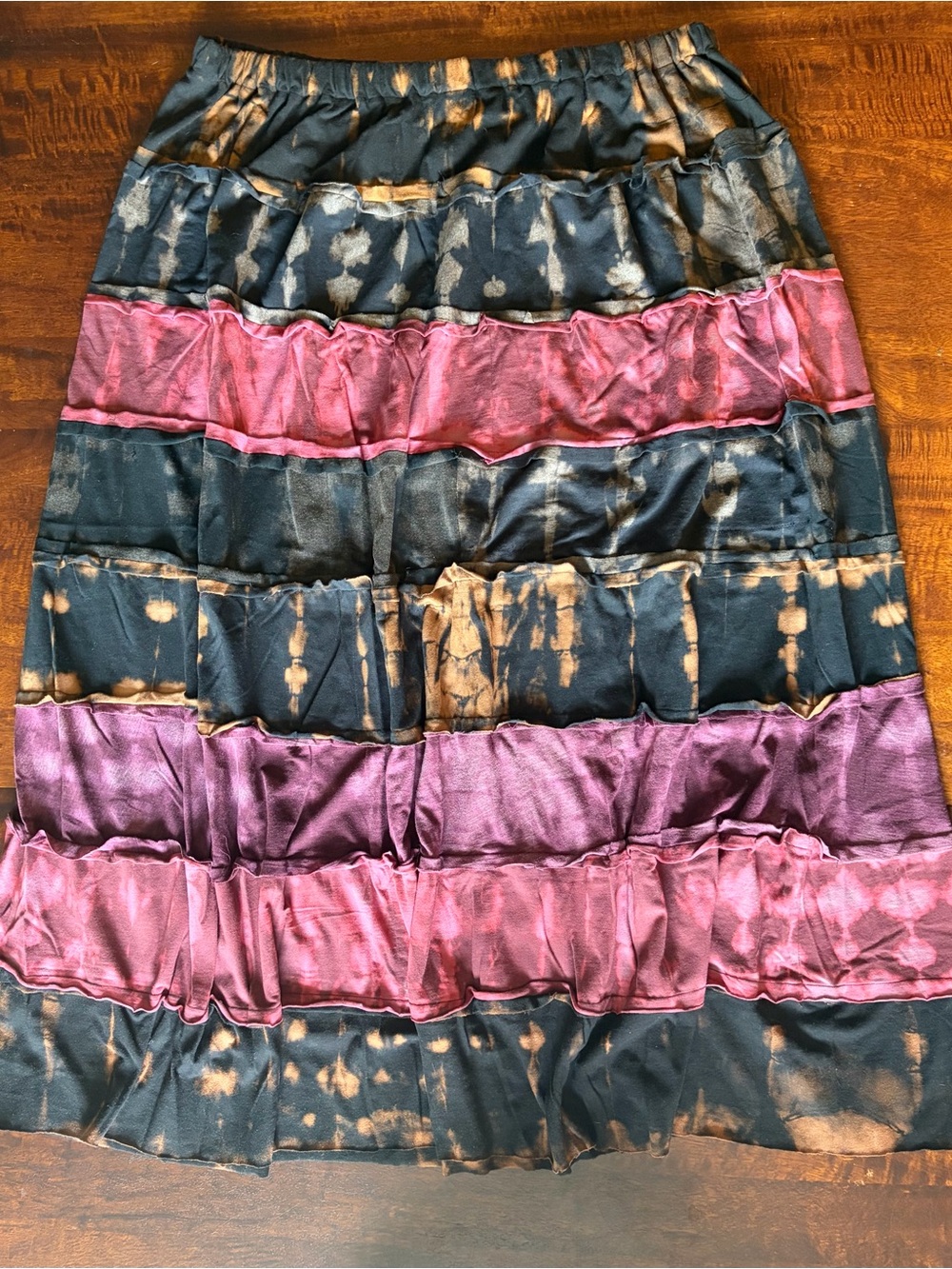 Handmade Upcycled Reverse Tie-Dye Black Fuchsia Tiered Maxi Skirt Women's Sz XXL